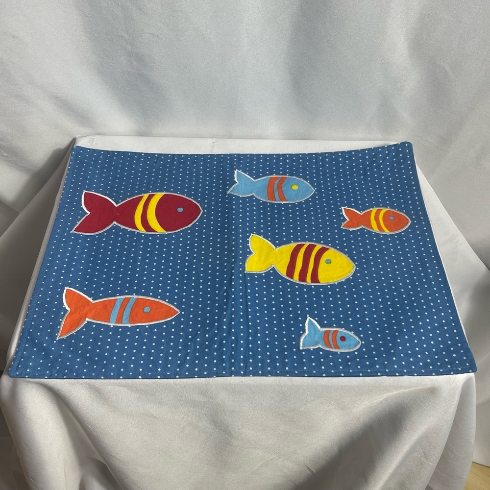Set of 2 Colorful Fish Blue Polka Dot Placemats Kids Ocean Coastal Decor
